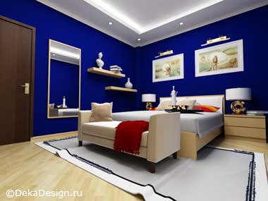 Интерьер двухместного гостиничного номера выполненный в синих тонах (основной вид) г.Краснодар