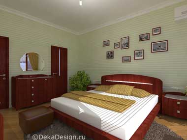 Миниатюра интерьера спальни в светлых, бледно-салатовых тонах. Дизайн спален Боровкова А.А.
