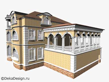 Фасад трехэтажной гостиницы с большой мансардой на втором этаже. Фасады дизайн студии Боровкова А.А. г.Краснодар