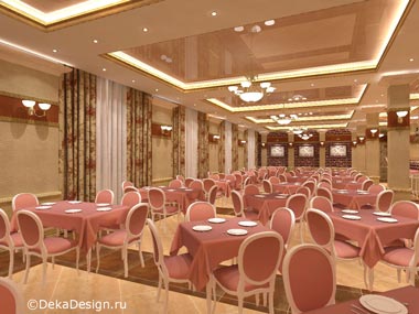Интерьер большого зала ресторана в розовых тонах (основной вид). Дизайн студия Боровкова А.А. г.Краснодар