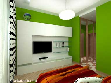Интерьер одноместного гостиничного номера выполненный в зеленых тонах (вид со стороны кровати) г.Краснодар