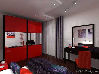 Интерьер двухместного гостиничного номера выполненный в красных тонах (вид со стороны кровати) г.Краснодар