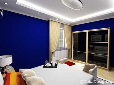 Интерьер двухместного гостиничного номера выполненный в синих тонах (вид со стороны кровати) г.Краснодар